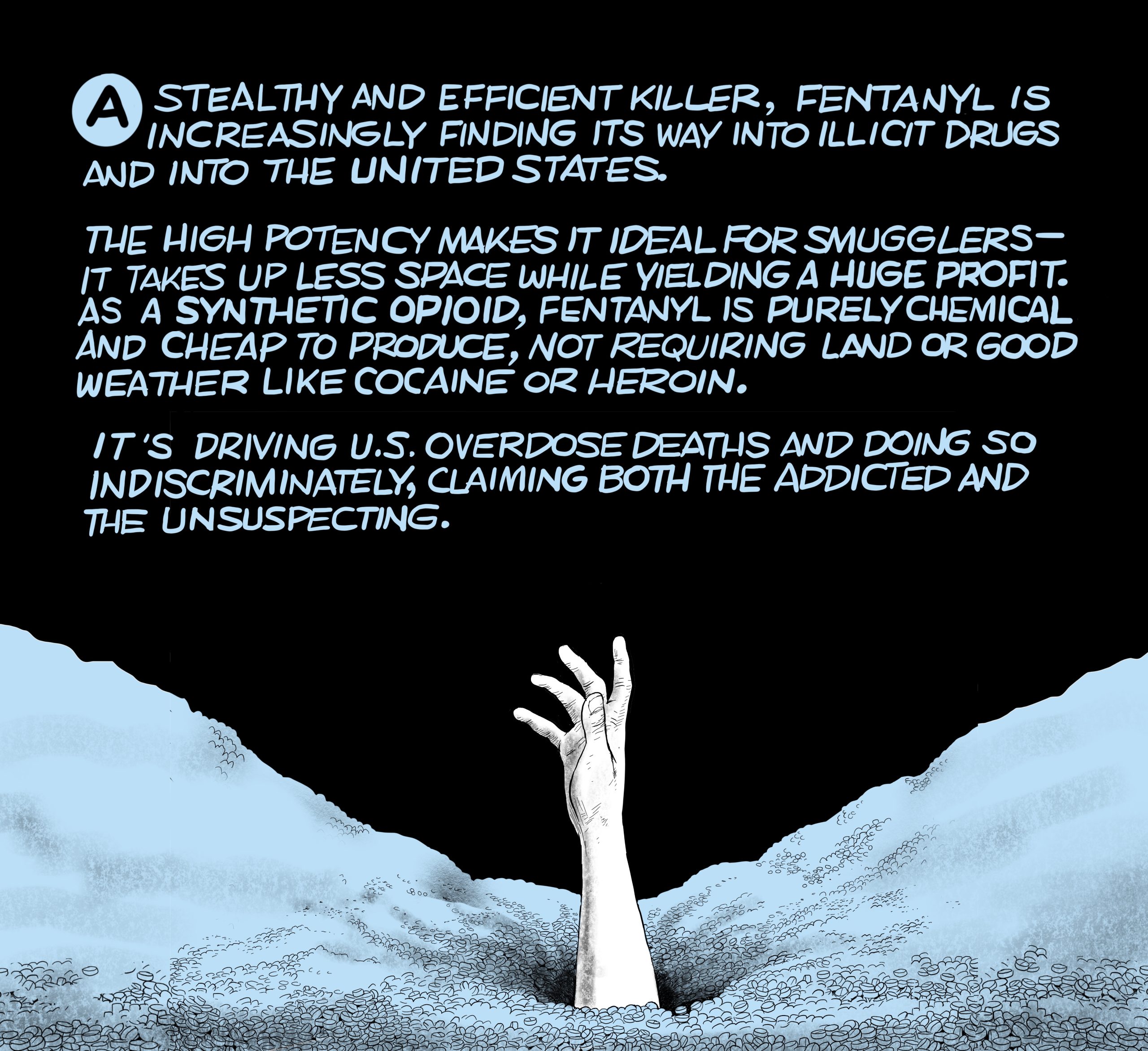 The image shows a hand emerging from a hole in the ground, which is covered in tiny blue pills. On a black background above, the text reads: A stealthy and efficient killer, fentanyl is increasingly finding its way into illicit drugs and into the United States. The high potency makes it ideal for smugglers–it takes up less space while yielding a huge profit. As a synthetic opioid, fentanyl is purely chemical and cheap to produce, not requiring land or good weather like cocaine or heroin. It’s driving U.S. overdose deaths and doing so indiscriminately, claiming both the addicted and the unsuspecting.