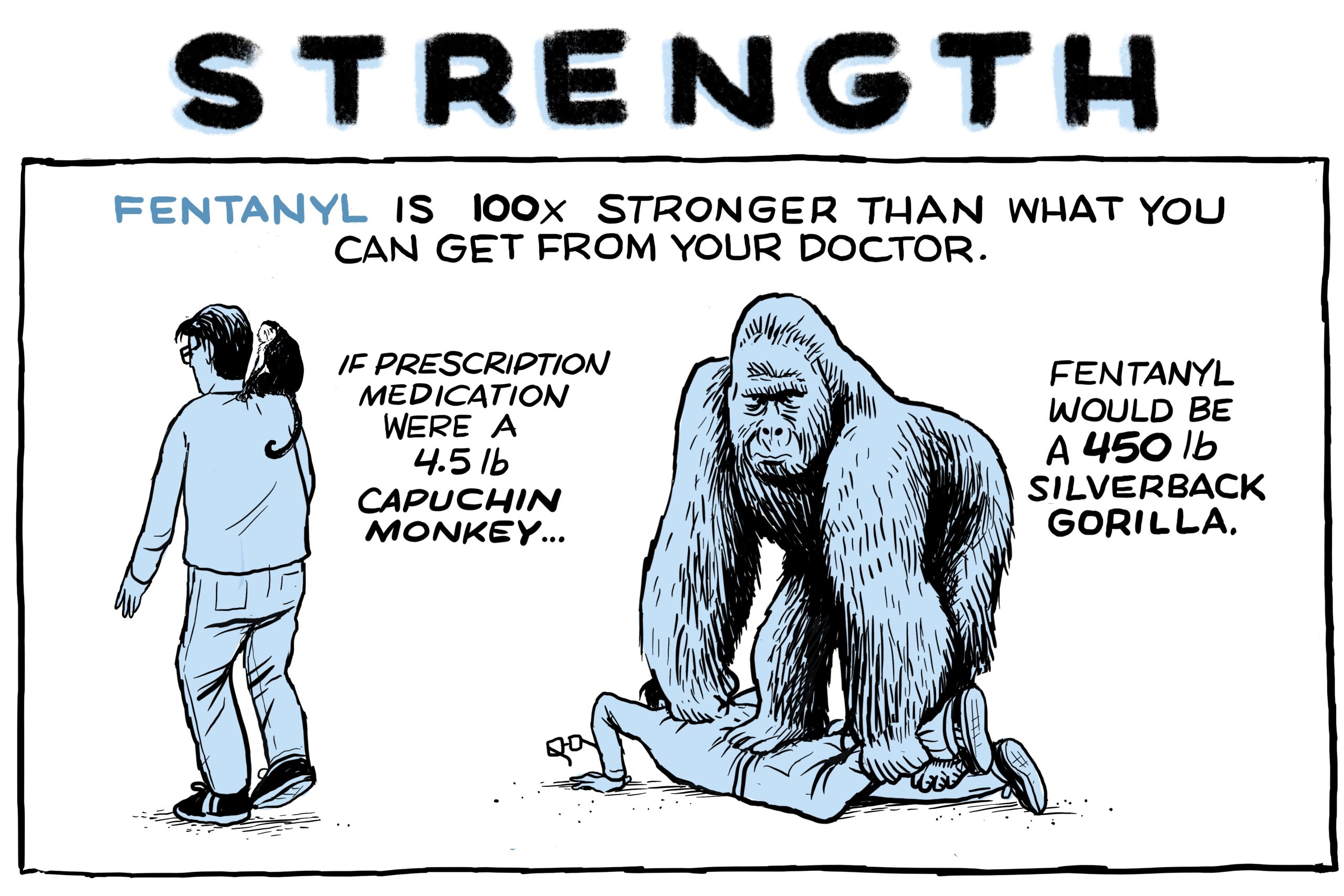 A drawing depicts two men, one standing with a 4.5 pound monkey on his shoulder. The other is lying on his stomach on the ground with a 450 pound gorilla on his back. The text says that fentanyl is 100 times stronger than the prescription painkillers doctors prescribe.